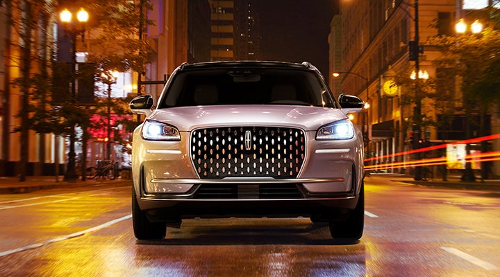The striking grille of a 2024 Lincoln Corsair® SUV is shown. | Maguire's Lincoln in Palmyra PA